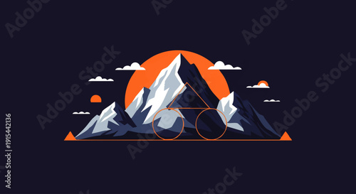 Minimalist geometric illustration of a bicycle in front of majestic snow-capped mountains under a vibrant setting sun, evoking a sense of outdoor adventure and freedom