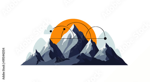 Abstract digital illustration of a majestic mountain range under a radiant sun, symbolizing interconnectedness, secure data transfer, and global communication across challenging natural landscapes
