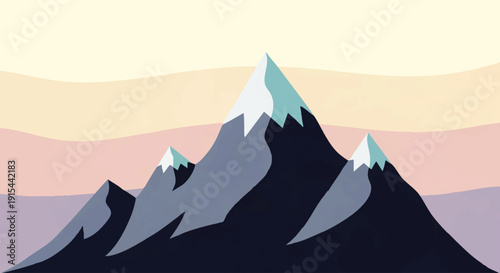 Stylized illustration of majestic snow-capped mountains reaching towards a colorful, layered sky at dawn or dusk, evoking a peaceful and adventurous natural landscape