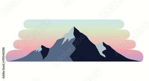 Clean vector illustration showcasing majestic snow-capped mountain peaks against a tranquil pastel gradient sky, embodying nature's serene beauty and alpine grandeur in a modern design