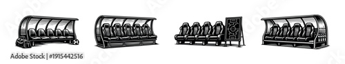 Football bench flat vector icons set - soccer, coach, dugout illustrations collection