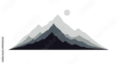 Stylized mountain range illustration with sun in a minimalist, grayscale gradient palette conveying a sense of nature and adventure