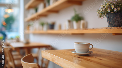 Wallpaper Mural Modern Cafe Interior: Empty Table with Coffee Cup and Plant Torontodigital.ca