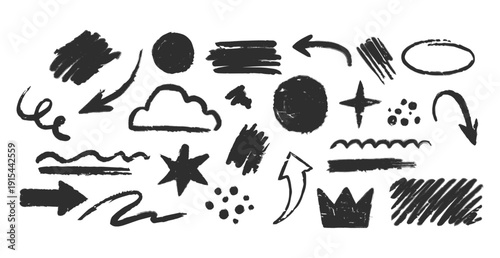 Collection of hand drawn black symbols and shapes