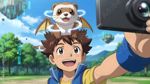 A young boy taking a selfie with a digital creature hovering above his head in a futuristic outdoor setting