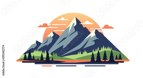 Majestic mountain range at sunset with pine trees and fluffy clouds in a vibrant, stylized landscape illustration