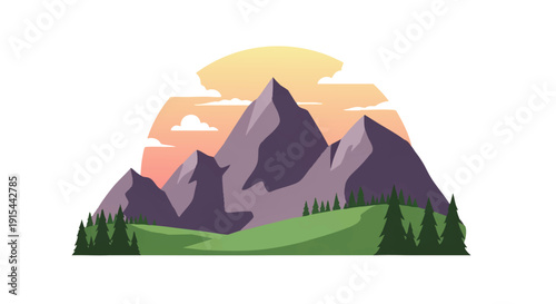 Vibrant stylized landscape illustration showcasing majestic mountain peaks, a serene valley with lush green trees, and a radiant sun over gentle clouds, evoking tranquil outdoor beauty