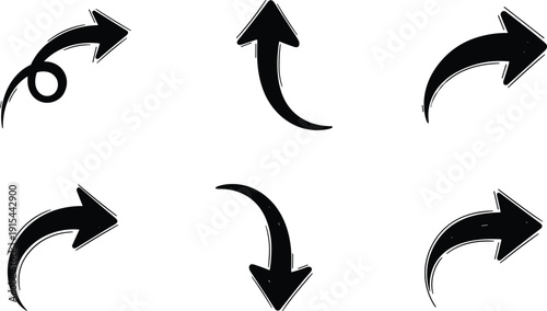 Set of curved arrow icons in bold brush style showing rotation direction navigation and movement symbols isolated on light background