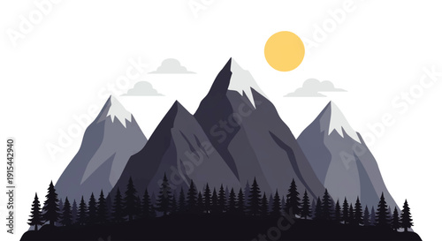 Minimalist vector illustration of a majestic mountain range with snow-capped peaks and a dense forest under a radiant sun, evoking the serene beauty of nature and peaceful outdoor adventure