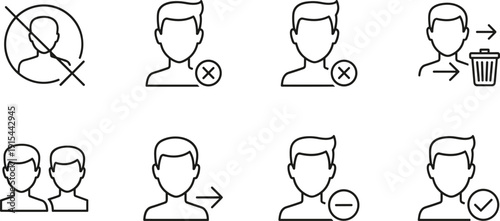 User account management line icon set with delete remove add block and approval symbols isolated on light background
