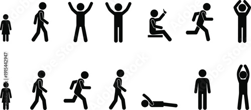 Set of human activity stick figure icons showing walking running sitting jumping and daily actions isolated on light background