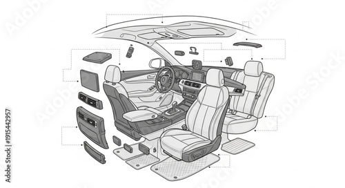 Car Interior Design Technical Drawing.