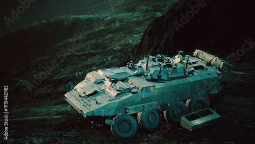 Bilde på lerret A large military vehicle is parked on a rugged landscape at dusk