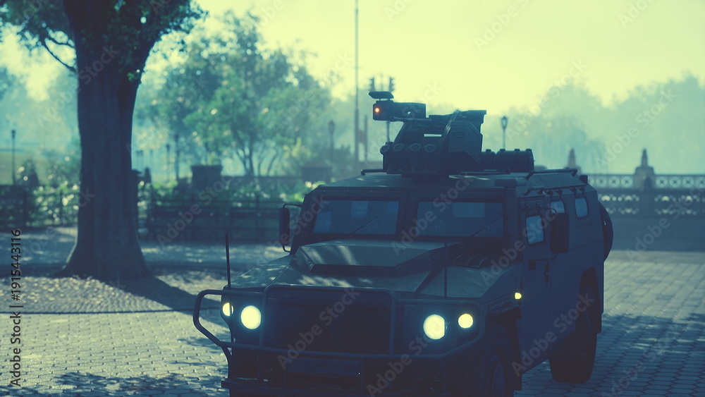 Obraz premium A military vehicle is stationed under a large tree in a quiet urban park. Mist envelops the scene, with soft morning light filtering through the surroundings.