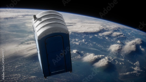 Canvas Print A portable restroom drifts in the vastness of space, hovering above Earth