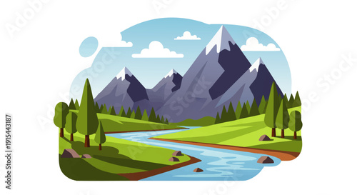 Conceptual illustration portraying a majestic alpine landscape, featuring towering peaks, a pristine flowing river, and verdant meadows, capturing the essence of serene wilderness and natural beauty