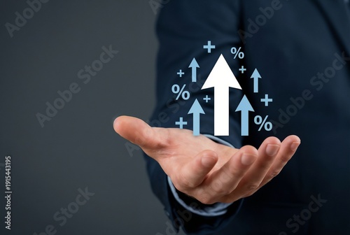 Businessman visualizing financial growth indicators and interest rate trends in hand to assess return on investment (ROI), optimize revenue streams, manage asset appreciation, insights for maximizing 