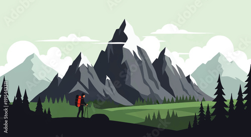 Vector illustration of a hiker's adventure in a majestic mountain landscape, featuring towering snow-capped peaks and serene forests, capturing nature's beauty and tranquility