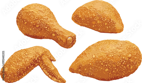 Crispy Fried Chicken Set with Golden Brown Breaded Drumstick, Wing, and Thigh Pieces for Fast Food Restaurant Menus and Junk Food Advertising Designs