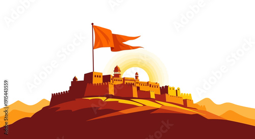 Illustration of Raigad Fort with a saffron Maratha flag waving, symbolizing Shivaji Jayanti celebration and Maharashtra pride with a warm orange theme.