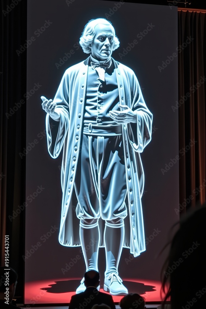 Fototapeta premium A glowing hologram of a man in 18th-century attire is projected on a stage, with an audience watching in a dark room.