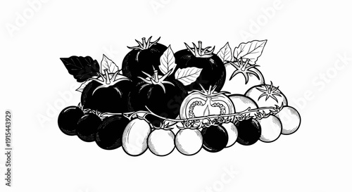 A still life drawing of ripe tomatoes and cherry tomatoes on vines