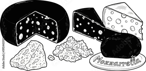A still life illustration featuring various types of cheese, including a wheel, wedges, and a ball