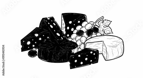 A still life of assorted cheeses and grapes depicted in black and white outline
