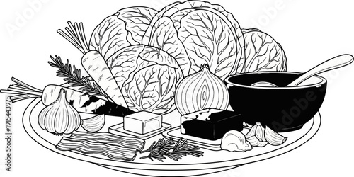 A still life of vegetables, meat, and soup on a platter