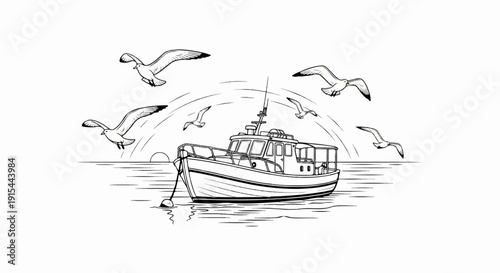 A sketched boat floats on calm water with seagulls flying around it