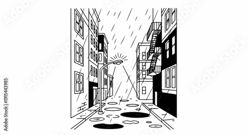 A street scene in the rain with buildings, a lamppost, and puddles