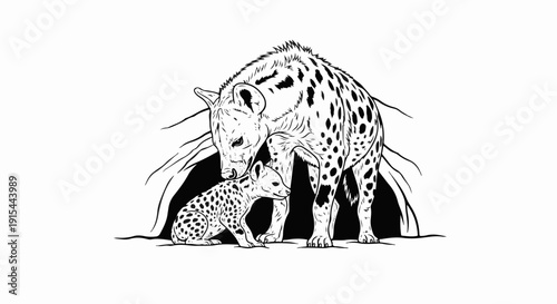 A spotted hyena nuzzles its young in a den-like opening
