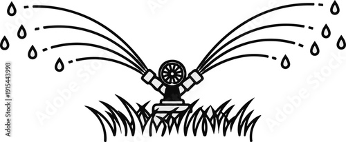 A sprinkler head waters a patch of grass with streams of water and droplets