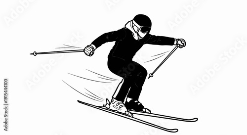 A skier in black outfit, goggles, and helmet, swiftly descends a slope