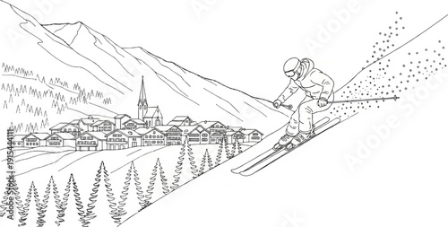 A skier races down a snowy slope towards a quaint mountain village