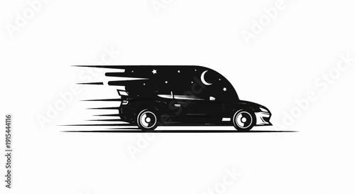 A sleek black car speeds through the night under a starry sky