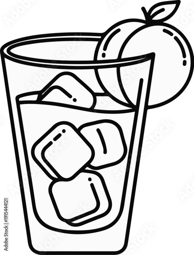 A simple line drawing of a tall glass filled with ice cubes and a citrus slice