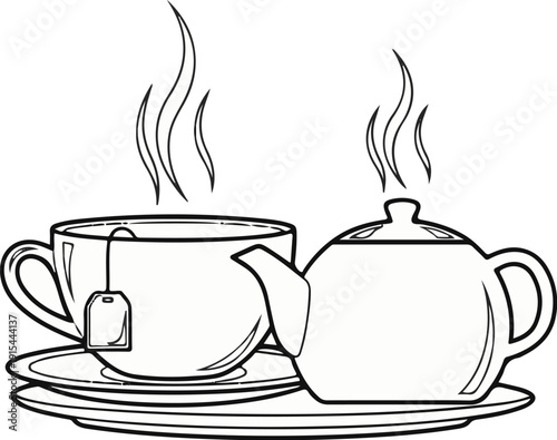 A simple line drawing of a steaming cup of tea next to a teapot