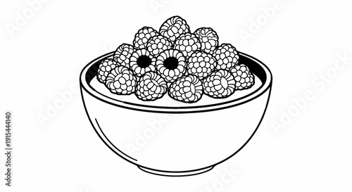 A simple line drawing of a white bowl overflowing with fresh raspberries
