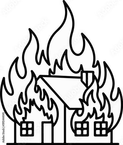 A simple line drawing of a two-story house engulfed in flames