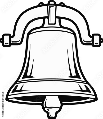A stark black and white graphic of a classic bell with a yoke