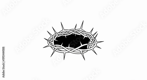 A stark, black and white graphic of a crown of thorns