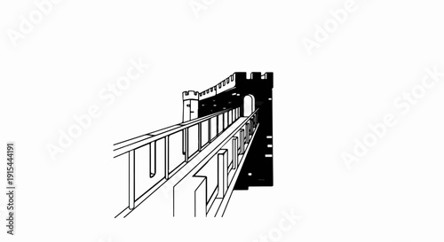 A stark black and white illustration depicts a segment of a formidable ancient wall