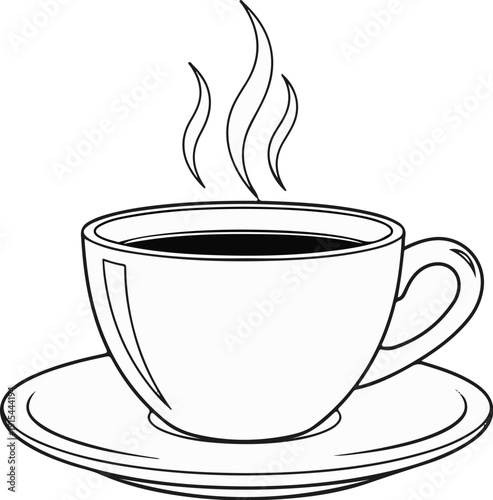 A simple, line-art illustration of a steaming cup of dark coffee on a saucer