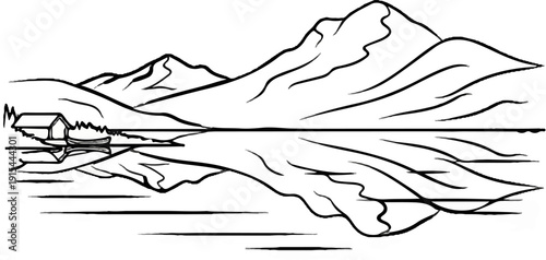 A simple line drawing of a serene mountain lake with a small boathouse and reflection