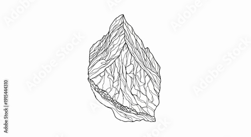 A stark, black and white line drawing depicts a jagged mountain peak with deep fissures