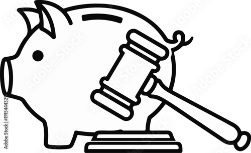 A simple line drawing of a piggy bank with a gavel striking it