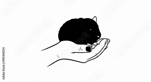 A small rodent rests gently on an open palm, simple line art