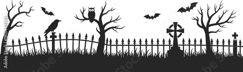 Spooky Halloween graveyard silhouette with bats owl and raven, creepy cemetery fence scene isolated on white background