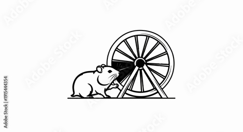 A small rodent stands beside its spoked wheel, ready to run